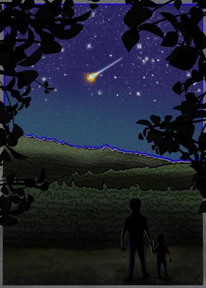 Illustration of the silhouette of a boy and his father looking at a falling star in the distance over a starry sky and green rolling hills with abstract texture on them. Dark plant silhouettes frame the image.