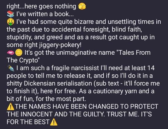 A block of text where someone is looking for validation for a self indulgent load of pish
