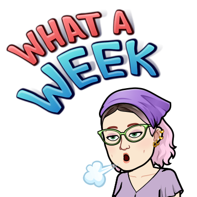 Cartoon woman looking tired, with the words "what a week" above her head.