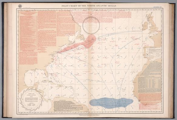 Nautical chart of the North Atlantic Ocean representing December, 1887. Shows cities, coastlines, shoals, depths, islands, sailing routes, ocean currents, storm tracks, fog belts, equatorial rains, wind force and directions, as well as ice fields, icebergs and the limits of ice coverage. Includes latitudinal and longitudinal lines, a legend and compass rose with north oriented toward top of sheet. Descriptive text throughout, such as reports on weather and "dangerous derelicts and wrecks near the coast". Colored lithograph, with infographics overlaid upon geography.