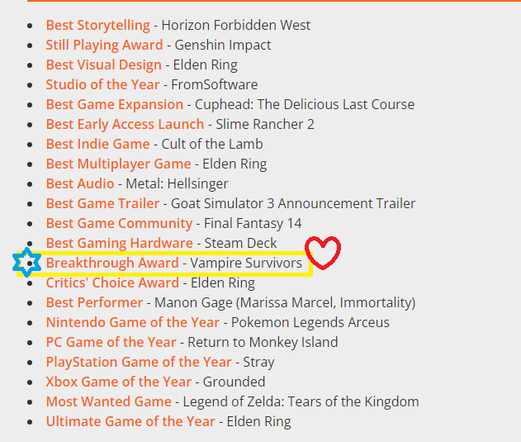 A screenshot of all the Golden Joystick winners listed by category:

Best Storytelling - Horizon Forbidden West

Still Playing Award - Genshin Impact

Best Visual Design - Elden Ring

Studio of the Year - FromSoftware

Best Game Expansion - Cuphead: The Delicious Last Course Best 

Early Access Launch - Slime Rancher 2

Best Indie Game - Cult of the Lamb

Best Multiplayer Game - Elden Ring

Best Audio - Metal: Hellsinger

Best Game Trailer - Goat Simulator 3 Announcement Trailer

Best Game Community - Final Fantasy 14

Best Gaming Hardware - Steam Deck

Breakthrough Award - Vampire Survivors

Critics’ Choice Award - Elden Ring

Best Performer - Manon Gage (Marissa Marcel, Immortality) 

Nintendo Game of the Year - Pokemon Legends Arceus

PC Game of the Year - Return to Monkey Island

PlayStation Game of the Year - Stray

Xbox Game of the Year - Grounded

Most Wanted Game - Legend of Zelda: Tears of the Kingdom 

Ultimate Game of the Year - Elden Ring