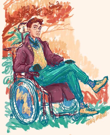 scribbly drawing of a person in colourful clothes sitting in a manual wheelchair with a headrest, surrounded by foliage