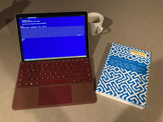 Surface Go 2 running the "10 PRINT" program from 10print.org in EndBASIC.