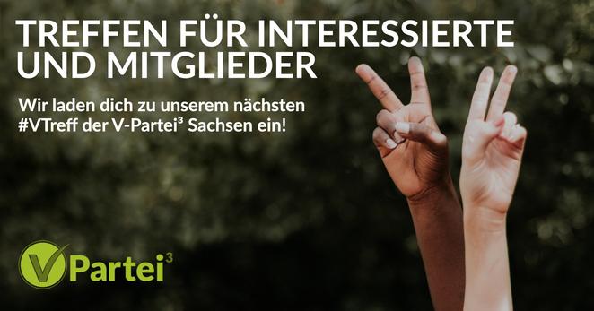 Hände mit Peace-Zeichen und Text "Treffen für Interessierte und Mitglieder - wir laden dich zu unserem mächsten #VTreff der V-Partei³ Sachsen ein!"