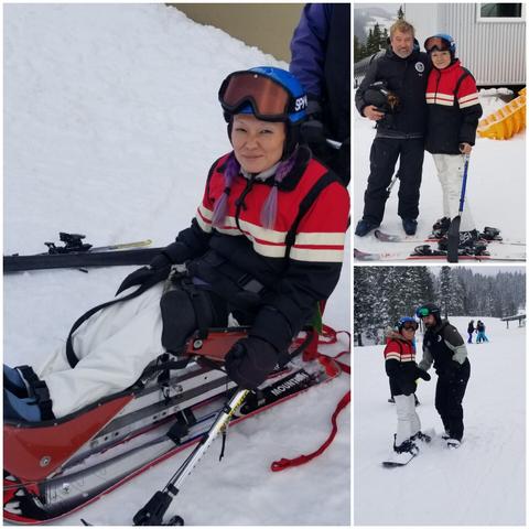 Collage of me with adaptive snowsports instructors.  Sitski & snowboard.