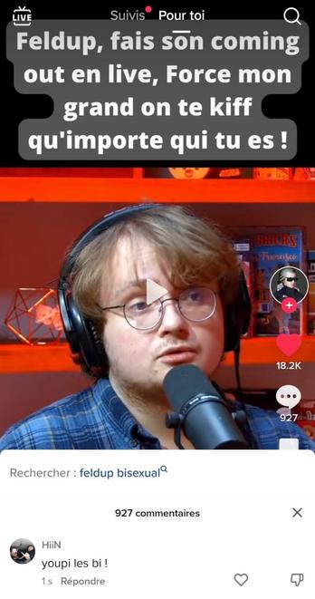 Capture d'écran de TikTok sur une vidéo montrant son coming-out. En bas on voit un commentaire qui dit "Youpi les bi"