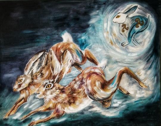 A work in progress. Three hares - acrylic on canvas board.