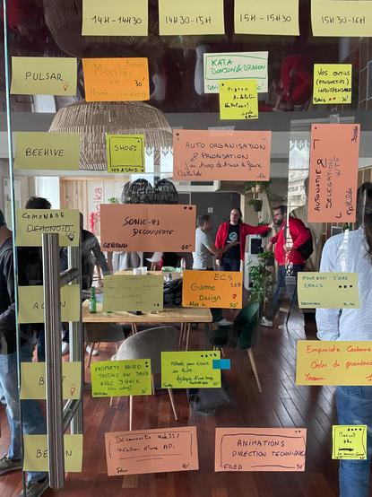 Agenda de l'après midi de la TZ Zenika Bordeaux en Open Space. Post-its présentant les sujets variés.