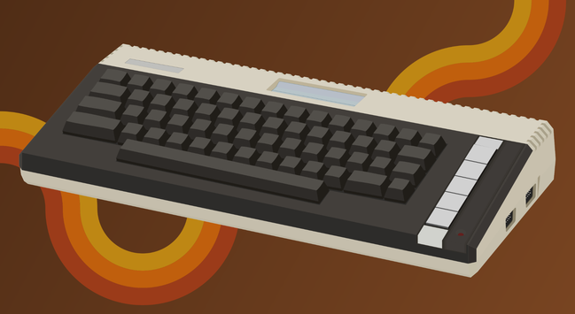 A drawing of an Atari 600XL above a brown background with a gold-orange-red curved line path.