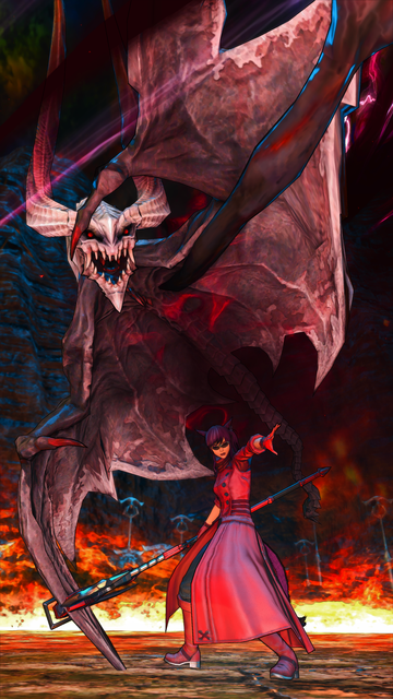 Venny in his archemonic voidsent form fighting alongside his best mortal friend Lily. Fire covers the floor behind them.