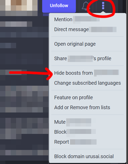 When you go to someone's profile (someone that you follow), you can expand the options with the three little dots button, and find the option to "Hide boosts from person."