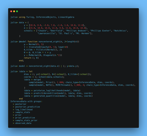 An implementation of the eight schools model in Turing.jl, where the sampling outputs have been stored in an InferenceData.
