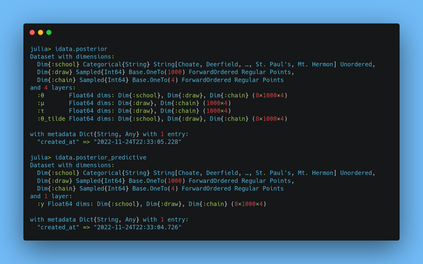 Summary of the posterior and posterior_predictive groups in the InferenceData shown in the Julia REPL.