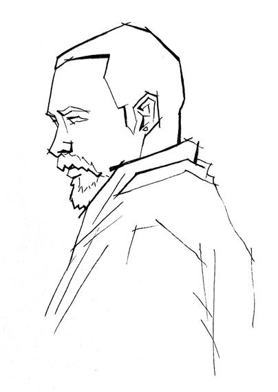 A profile portrait of a man drawn in straight lines.
