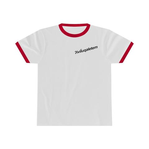 White ringer Tshirt, red colar and cuffs, on flat surface. Slanted font in black across the left side of the chest reads: ʔívil̃uqaletem (Cahuilla)