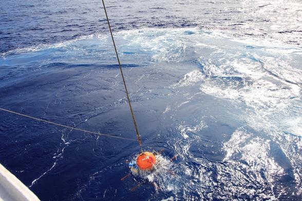 Ocean bottom seismometer being deployed