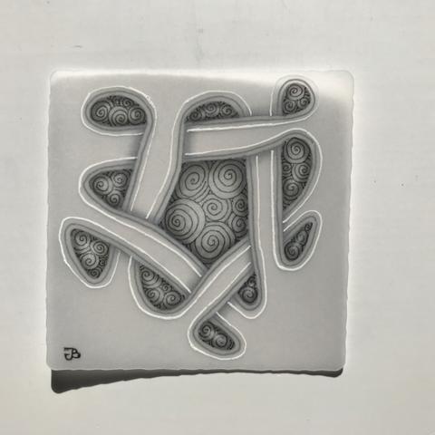 Translucent Zentangle tile art with white gelly roll ink, black ink and graphite shading