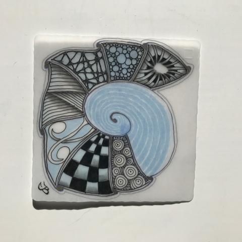 Translucent  Zentangle tile with blue and black ink, graphite and pastel blue shading
