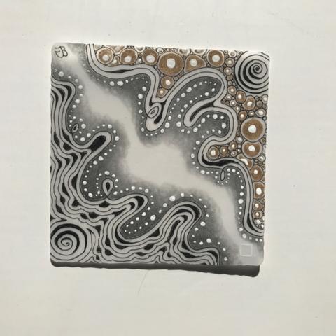 Translucent Zentangle art tile with metallic and white gelly roll ink, black ink, and graphite shading