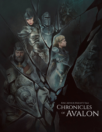 The cover of Chronicles of Avalon, featuring several medieval English knights in full armor, with helmets on and off. They seem to be white. The ones without helmets appear to be two younger women and a middle-aged man with a beard. They are all displayed on fragments of a broken mirror. Cover artists are Anikó Salamon and László Vida.