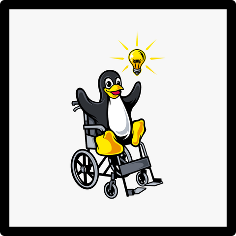 "Tux" style penguin (Linux mascot) in a wheelchair, with a lightbulb shining nearby.