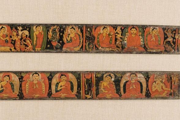 Pair of Buddhist Manuscript Covers: Scenes from the Buddha's Life & Buddhas with a Bodhisattva