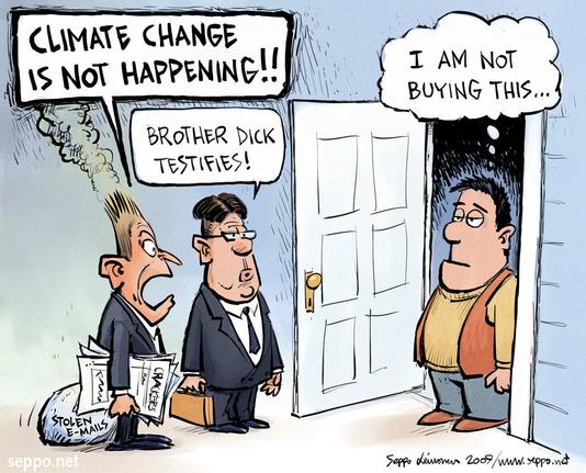 Buy Nothing Day Cartoon, climate change denialists go from door to door and say: "The climate change is not happening!" 
A man doesn't buy their message.