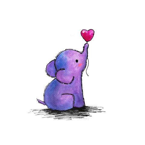 Watercolour and ink illustration of a little purple elephant holding a heart-shaped balloon in their trunk and looking towards the sky.