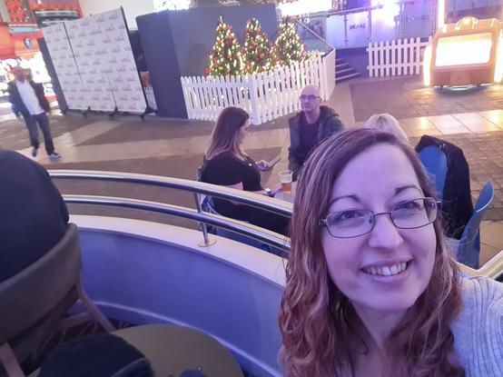 White woman with reddish hair and glasses on bottom right with people sat at a table behind with Christmas trees and a Butlins sign at back