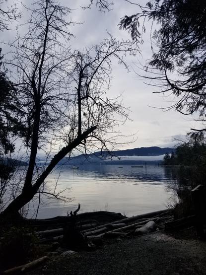 View of Coles Bay, looking across ocean waters with mountain range & fog in background.