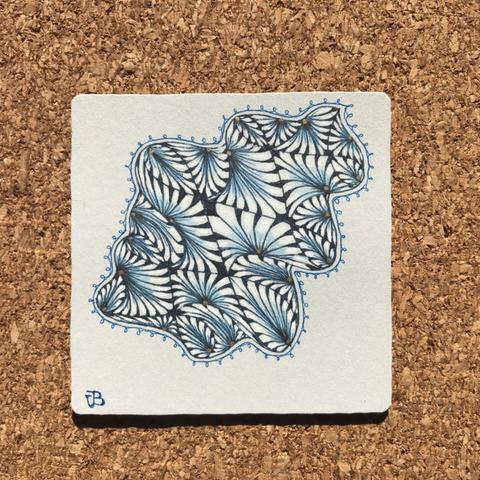 Zentangle classic square tile with dark blue ink, light blue ink and blue shading
