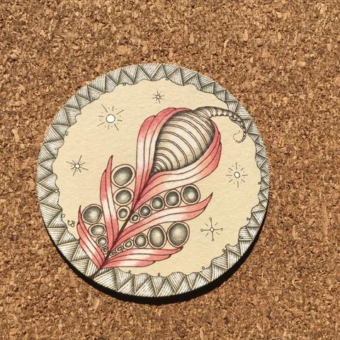 Tan Zentangle zendala tile with black ink, graphite, red pastel chalk shading, and white pastel chalk shading