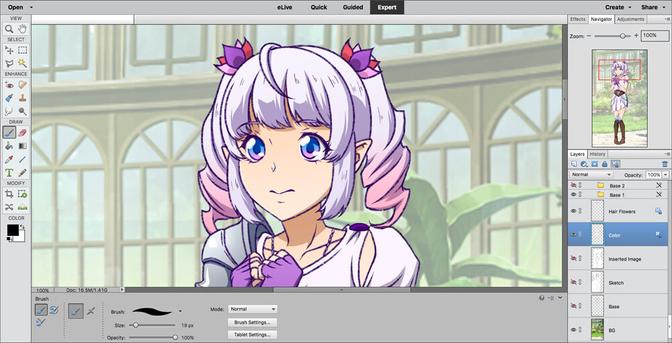 Screencap: Workspace in Photoshop Elements showing an in-progress illustration of a young girl with pointed years, white/pink hair in twin tails, and a worried expression on her face.