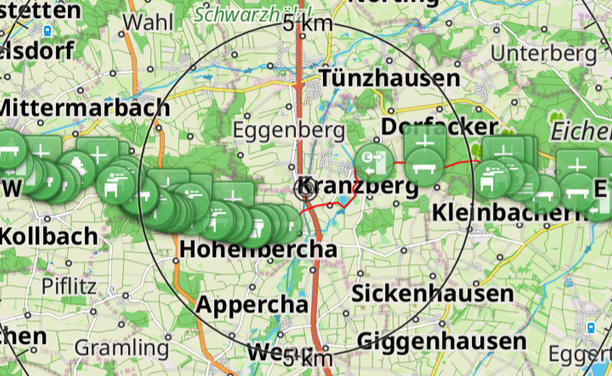 Route from Freising to Petershausen over Kranzberg in OsmAnd. Lots of POIs added along the route.