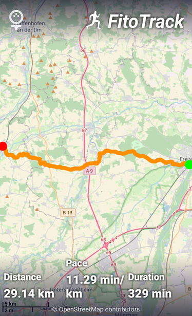 FitoTrack from Freising to Petershausen. Distance: 29.14km; Pace: 11.29 min/km; Duration: 329 min;