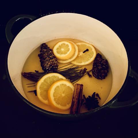 Slices of orange, spices and pine cones are seen inside the pot from above.