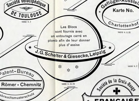 Several badges, labels, and other seals created using copper circles and other border elements. In the center is a saturn-like image filled with text. Inside the planet’s ring is the text “J. G. Schelter & Giesecke, Leipzig”.