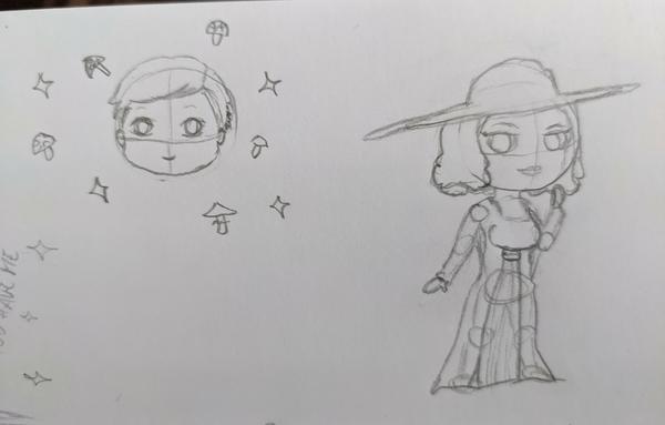 Chibi pencil sketches of a woman in a dress and a large hat. Another sketch of a male smiling head with mushrooms and sparkles around him