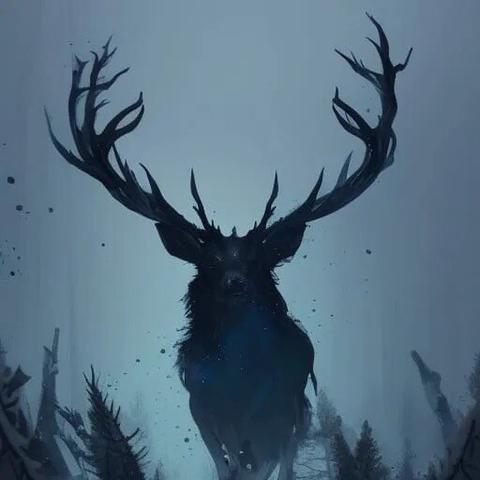 A ghostly image of a black stag in a winter like forest. It is dim and solemn tone.