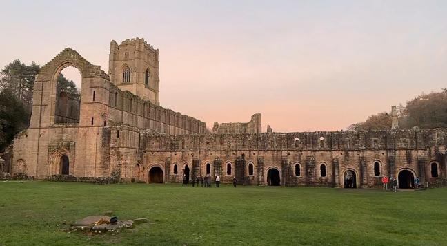Screenshot of Fountains Abbey via a LIVE tour given by Evelyn Edwards and the Castle Crew beautiful view of the front of Fountains Abbey