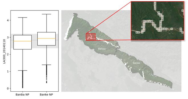 Boxplots showing the distribution of the LAI values in two national parks in Nepal. Outliers are plotted on the map.
