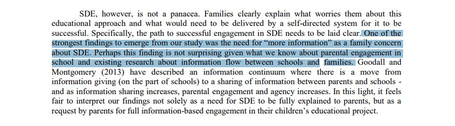 Screenshot of study results, which read, "One of the strongest finding to emerge from our study was the need for "more information" as a family concern about SDE. Perhaps this finding is not surprising given what we know about parental engagement in school and existing research about information flow between schools and families."