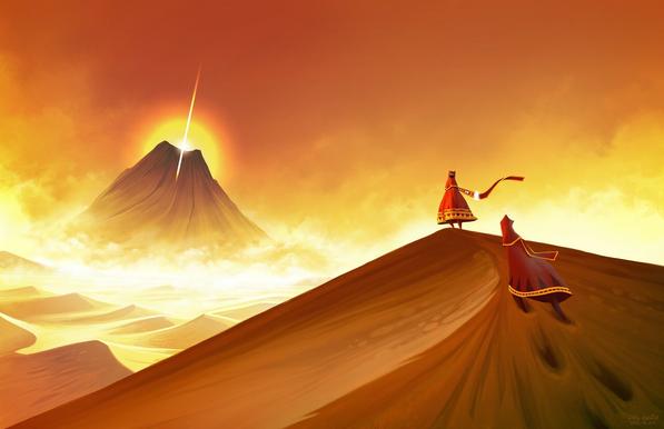 Two characters from the game Journey, dressed in red cloaks, climbing a sand dune. A mountain with a beam of light st it's peak is seen in the distance.