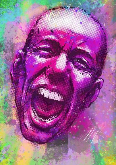 Portrait of Gilbert Gottfried, screaming and purple.