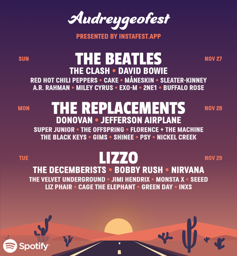 Poster of imaginary dream festival featuring the Beatles, the Replacements, Lizzy, the Clash, David Bowie, Donovan, Jefferson Airplane, the Decemberists, Bobby Rush, Nirvana, and 25 other bands in a variety of genres.