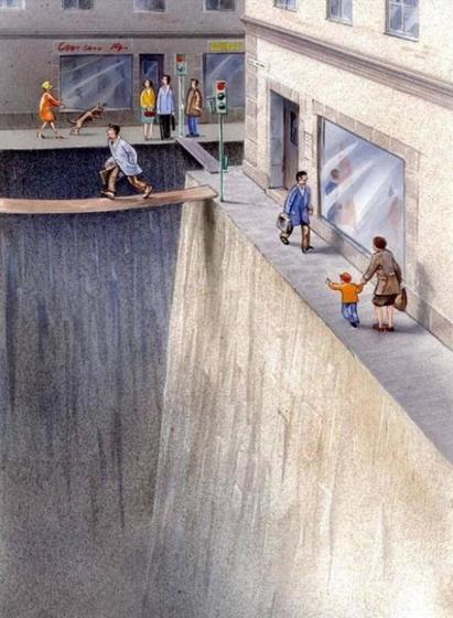 Roads that look like canyons and mini sidewalks for the people walking