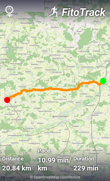 GPS route in FitoTrack from Petershausen to Altomünster. Distance: 20.84 km; Pace: 10.99 min/km; Duration: 229 min;