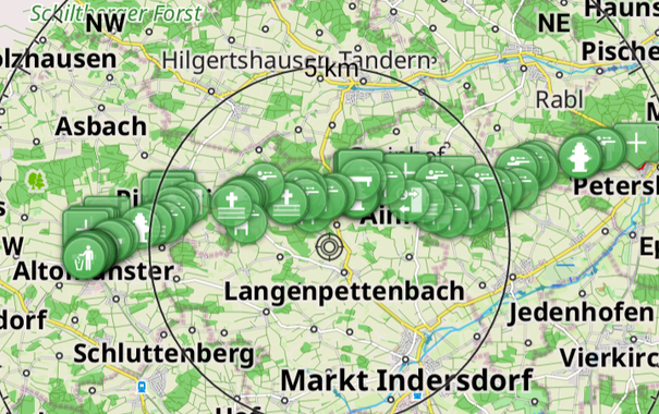 POI plotting from Petershausen to Altomünster in the Osmand app.