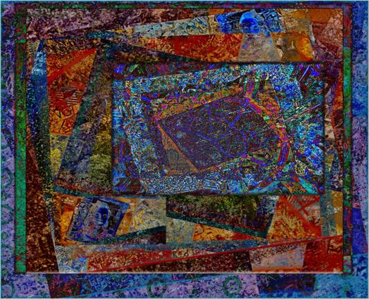A chaotic mix of multi-framed colours. Emphasis on cyanotype blues & violets, with sections of deep orange & red. The Deconstructed text & asemic writing has been reduced to scratches & lines.  A small image of a woman's face in blue negative can be seen in the lower left section.  Near the top right, is a portion of the same face horizontally flipped.
The overall impression is of pages rotating and spiralling into a diagonal frame, creating a surreal falling dream.