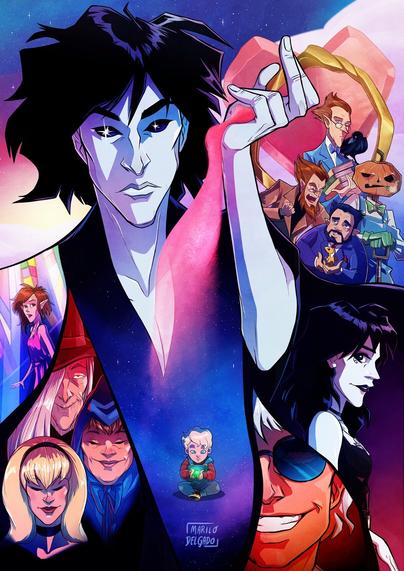 Fanart of 'The Sandman' comic by Neil Gaiman, featuring Morpheus, Death, the Corinthian, the Kindly Ones, Nuala the elf, Daniel Hall, Mervyn Pumpkin Head, Lucien, Cain and Abel, and Matthew. Pink and purple color palette.